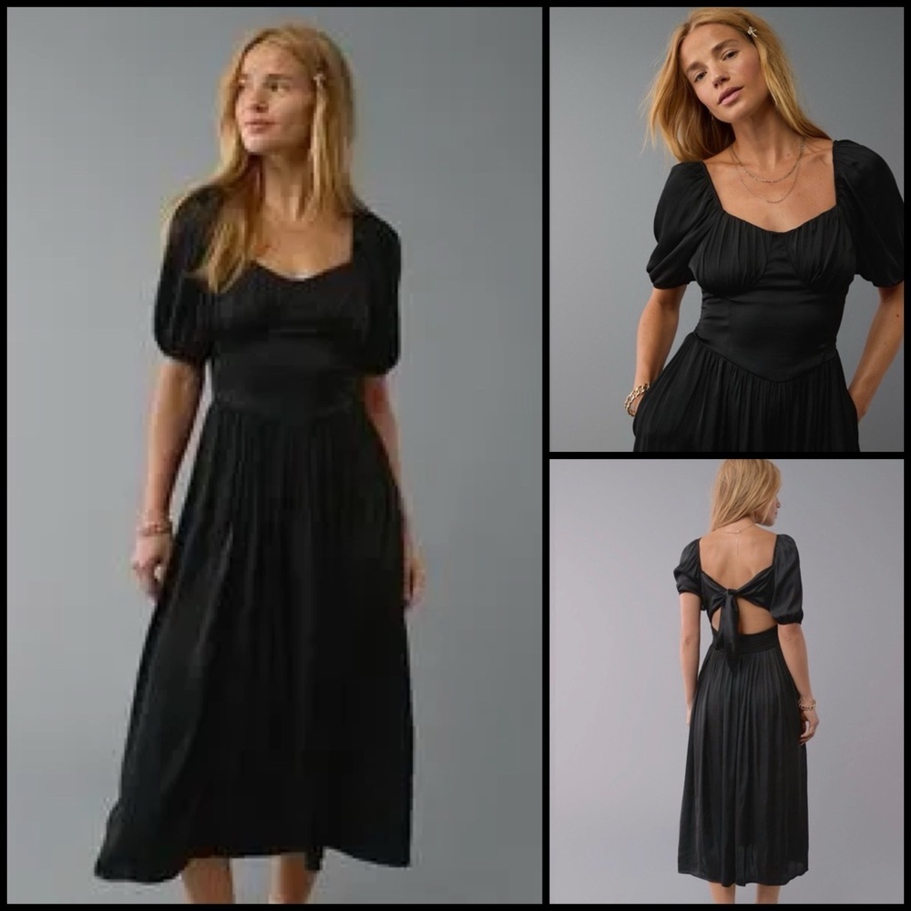 American Eagle Black Puff-Sleeve Corset Midi Dress Open Tie Back Babydoll M
